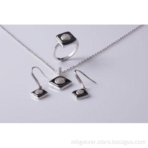 Cubic Zirconia Black Square 925 sterling Silver And Ceramic